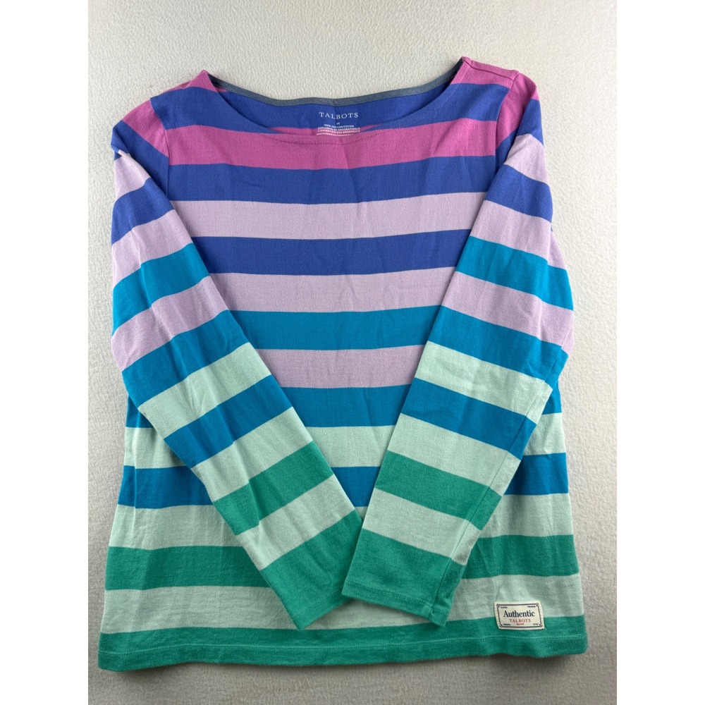 Talbots Authentic Tee Womens Medium M Blue Purple Green Striped Cotton Top L/S